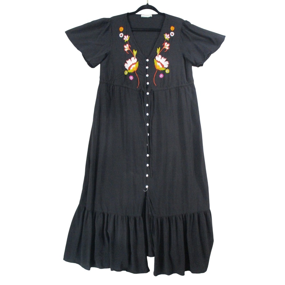 Rusttydustty Womens Black Floral Embroidered Button Front‎ Midi Dress 0XL Boho